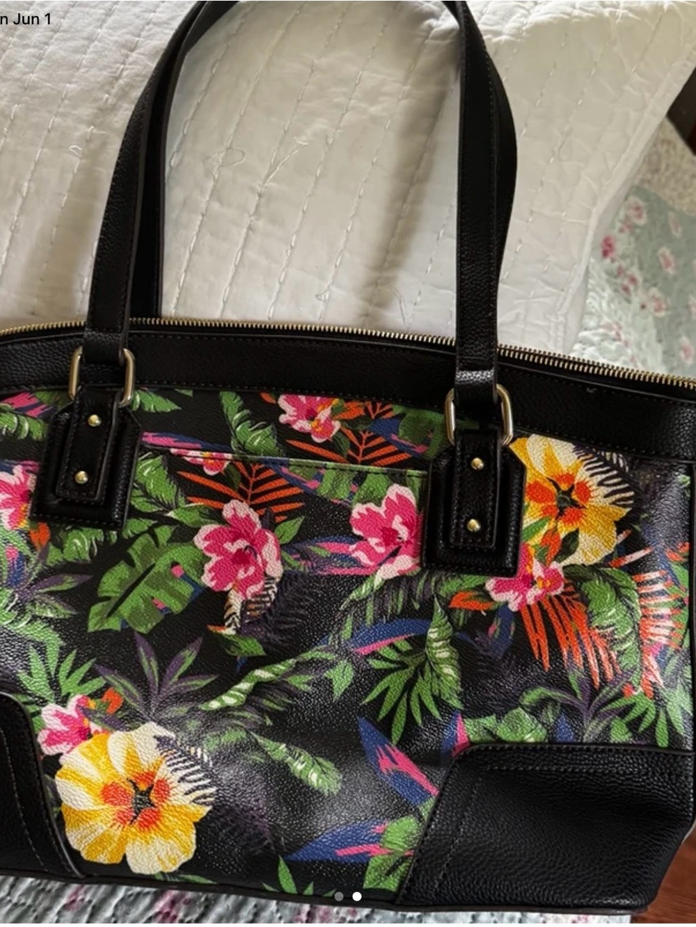 Liz Claiborne Black Tropical Floral Tote with Gold Tone Hardware - Picture 2 of 2